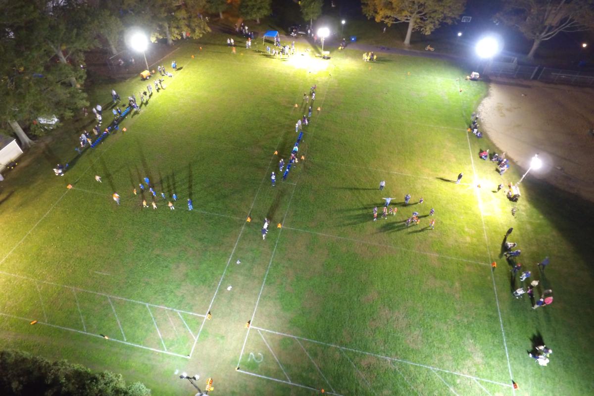 View of a flag football game from a drone