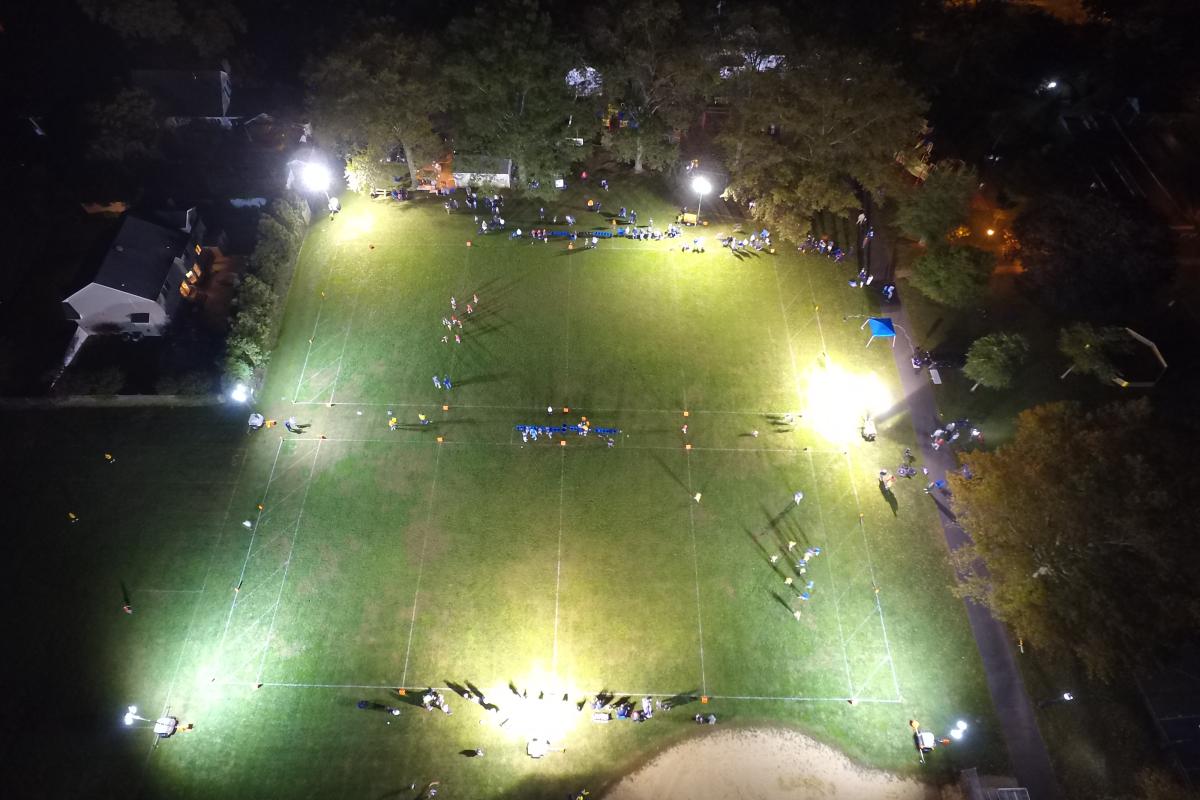 View of a flag football game from a drone